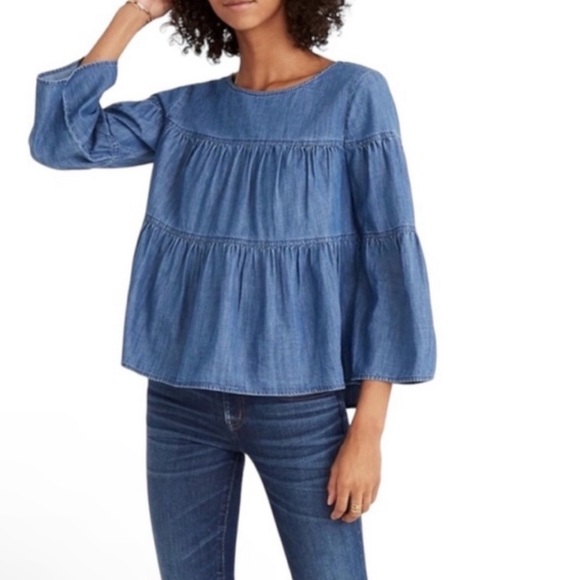 beachlunchlounge Women's Chambray Denim Blue 3/4 Bell Sleeve Lyocell Top S/P - Picture 1 of 10
